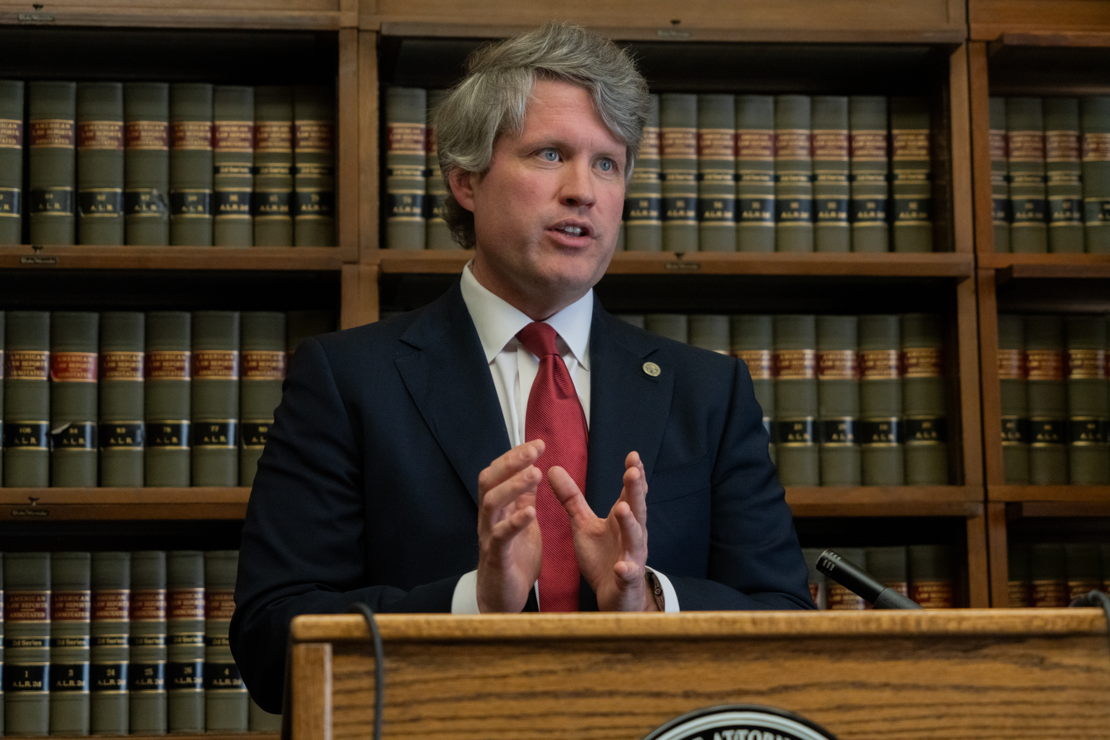 Attorney General Mike Hilgers speaks during a news conference in Lincoln on May 13, 2024.<br />(Zach Wendling / Nebraska Examiner)