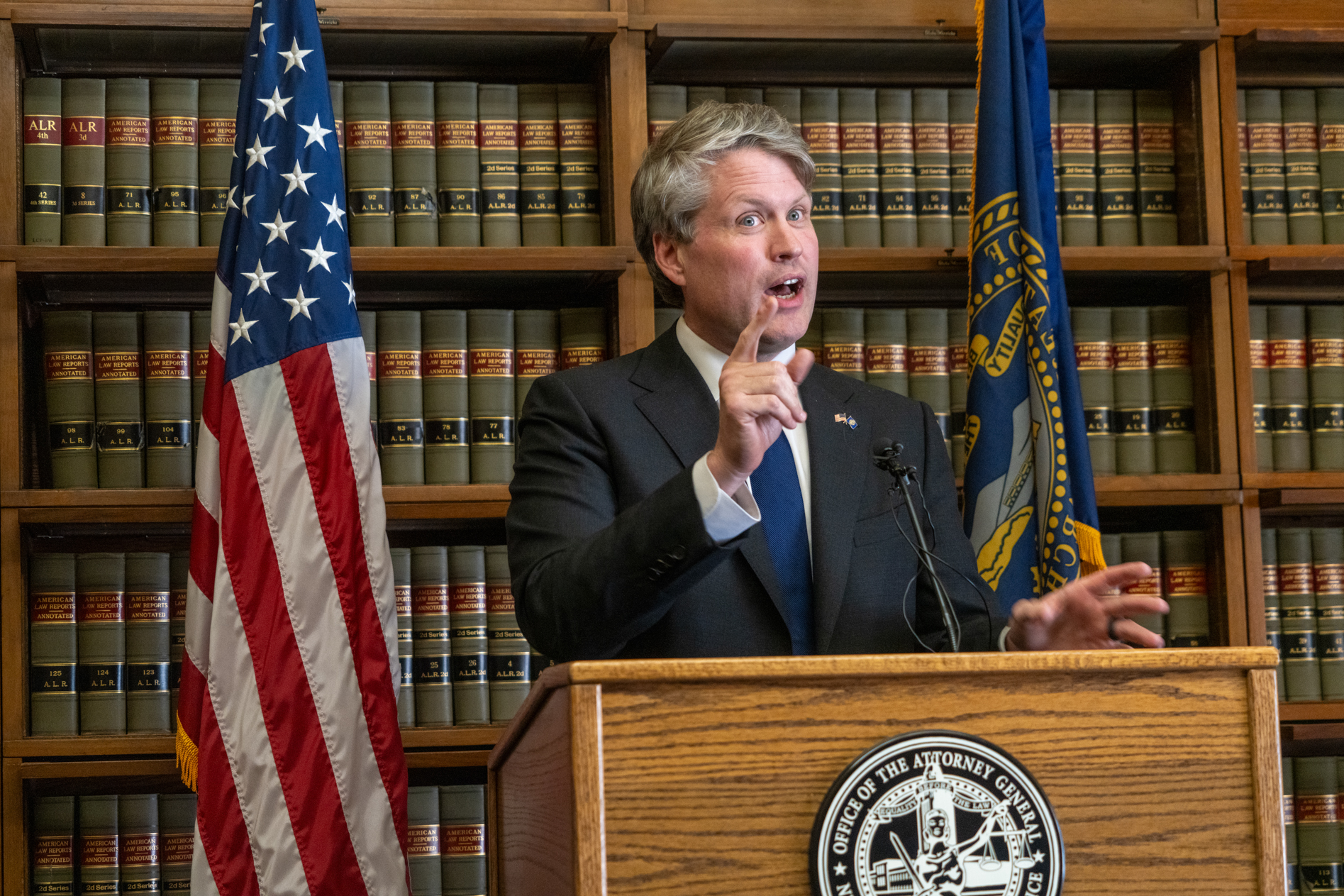 Nebraska Attorney General Mike Hilgers, Oct. 9, 2025.<br />(Zach Wendling / Nebraska Examiner)