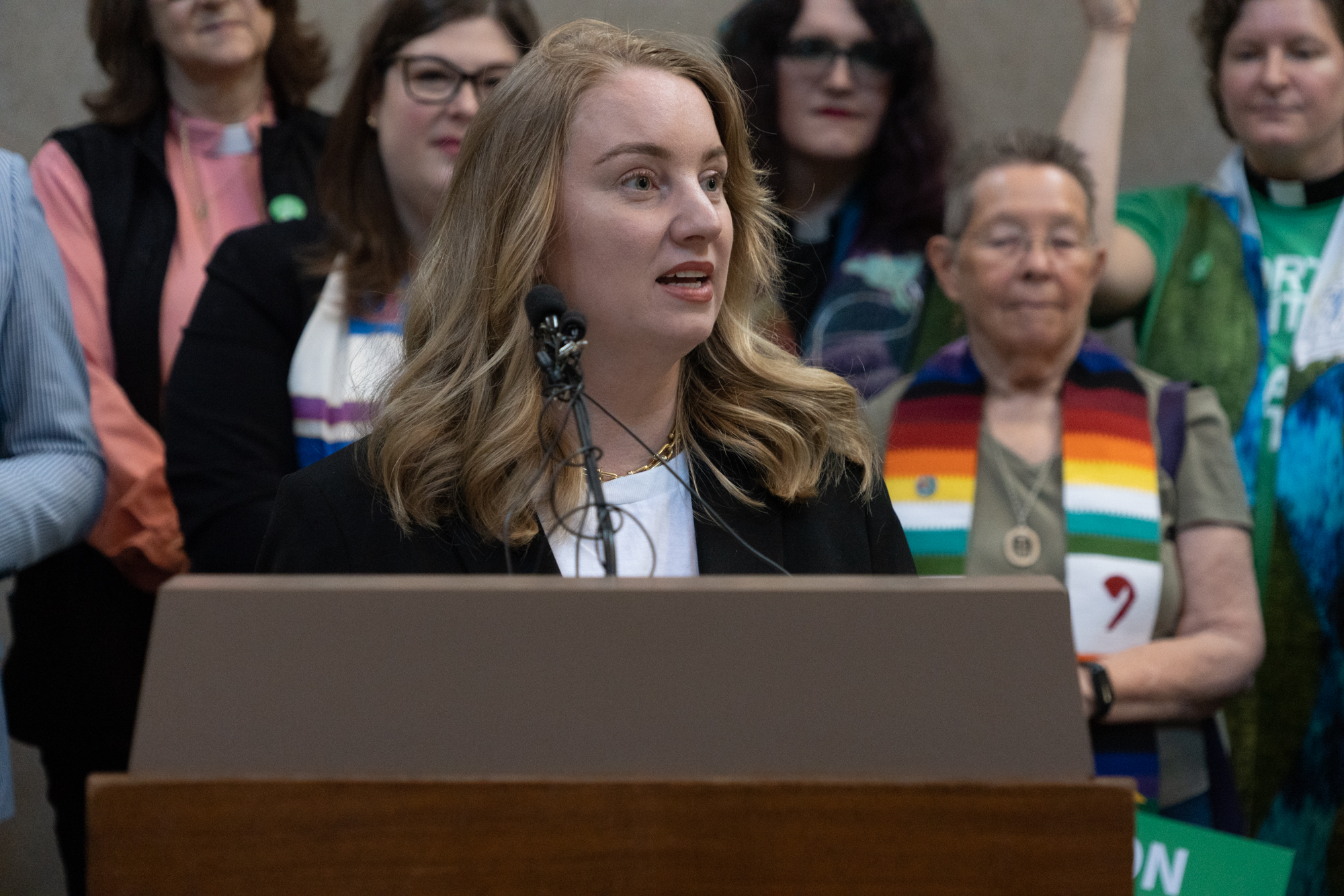 State Sen. Megan Hunt of Omaha speaks at a rally on Wednesday, April 12, 2023, in Lincoln, Neb.<br />(Zach Wendling / Nebraska Examiner)