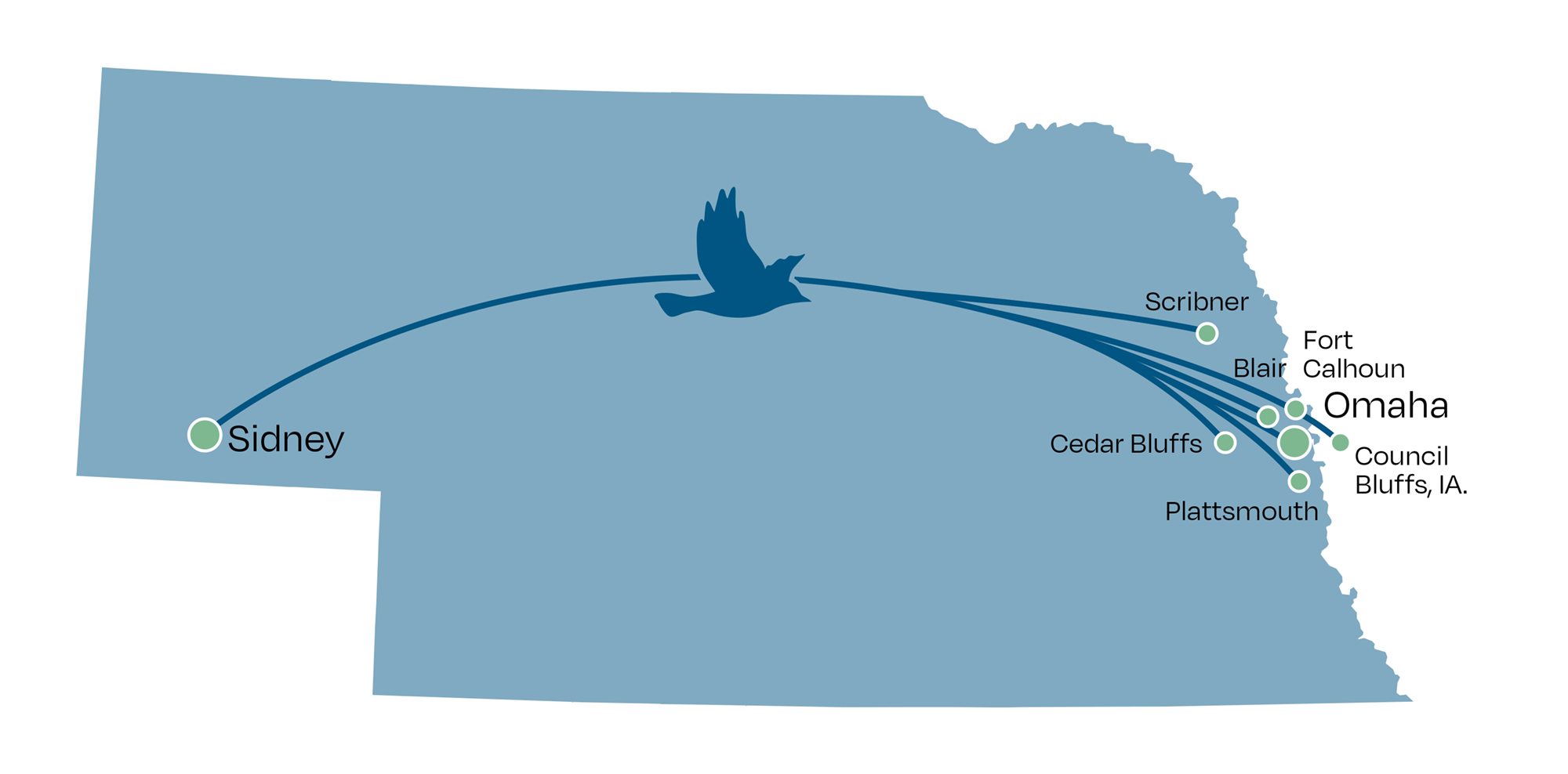 The 336 pigeons that competed in Saturday’s Grain Belt Classic fought strong winds as they flew from Nebraska’s Panhandle to their handlers’ lofts in and around Omaha.<br />(Map by Quentin Lueninghoener for the Flatwater Free Press)