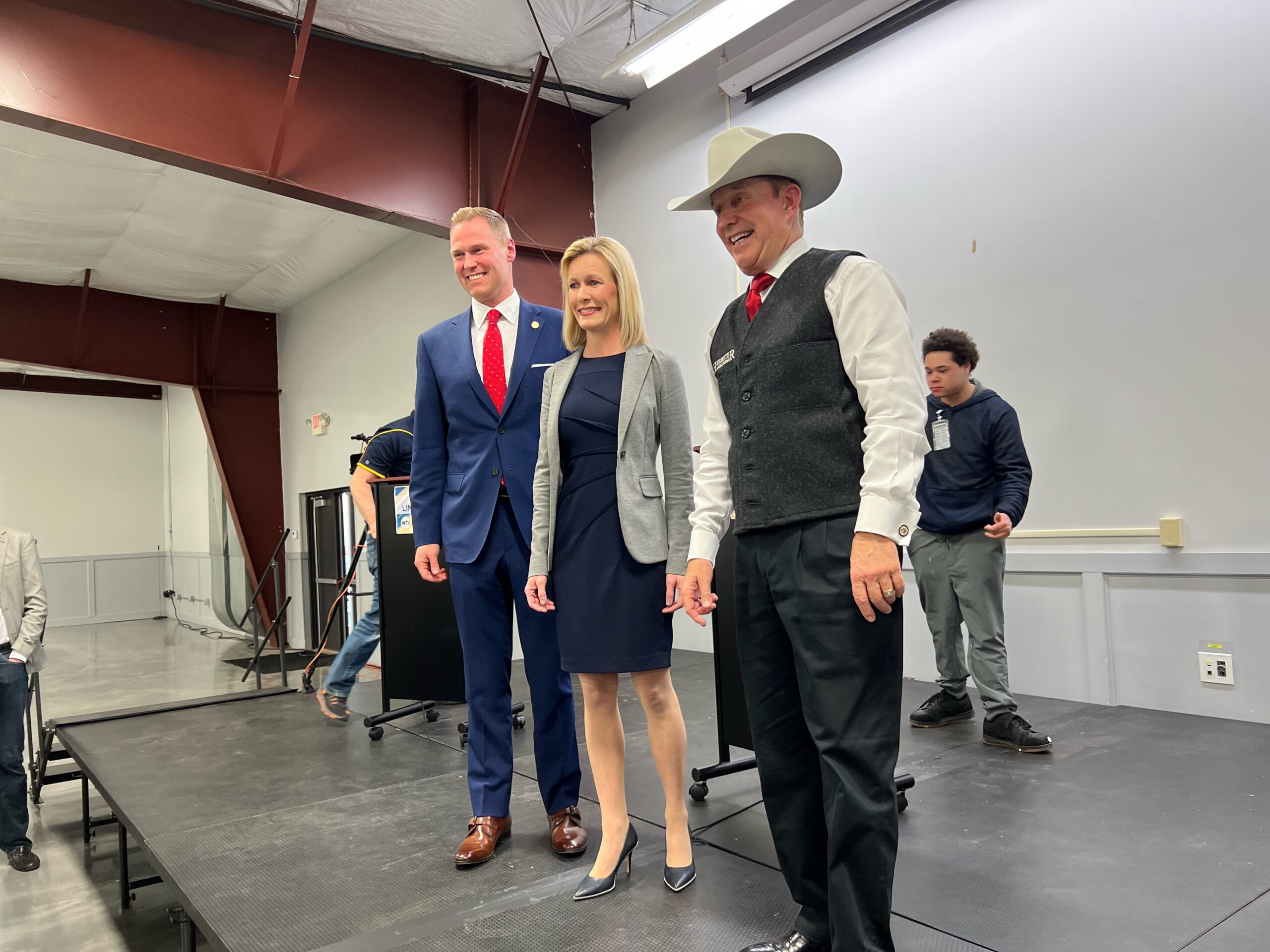 Nebraska gubernatorial candidates Brett Lindstrom, Theresa Thibodeau and Charles Herbster participated in a debate in Holdrege, Nebraska, and organized by NTV News. (Aaron Sanderford / Nebraska Examiner)
