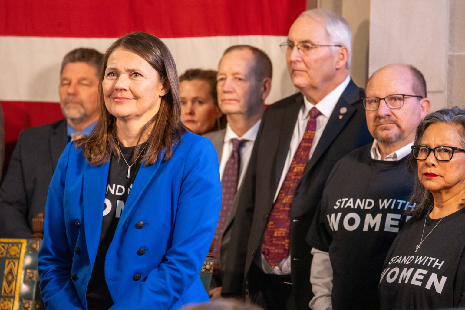 State Sen. Kathleen Kauth of Omaha (left) is the lead sponsor on the “Stand With Women Act” to define school sports teams, bathrooms and locker rooms, as well as all bathrooms for state agencies, as male or female, as defined in her bill on Jan. 10, 2025.<br />(Zach Wendling / Nebraska Examiner)