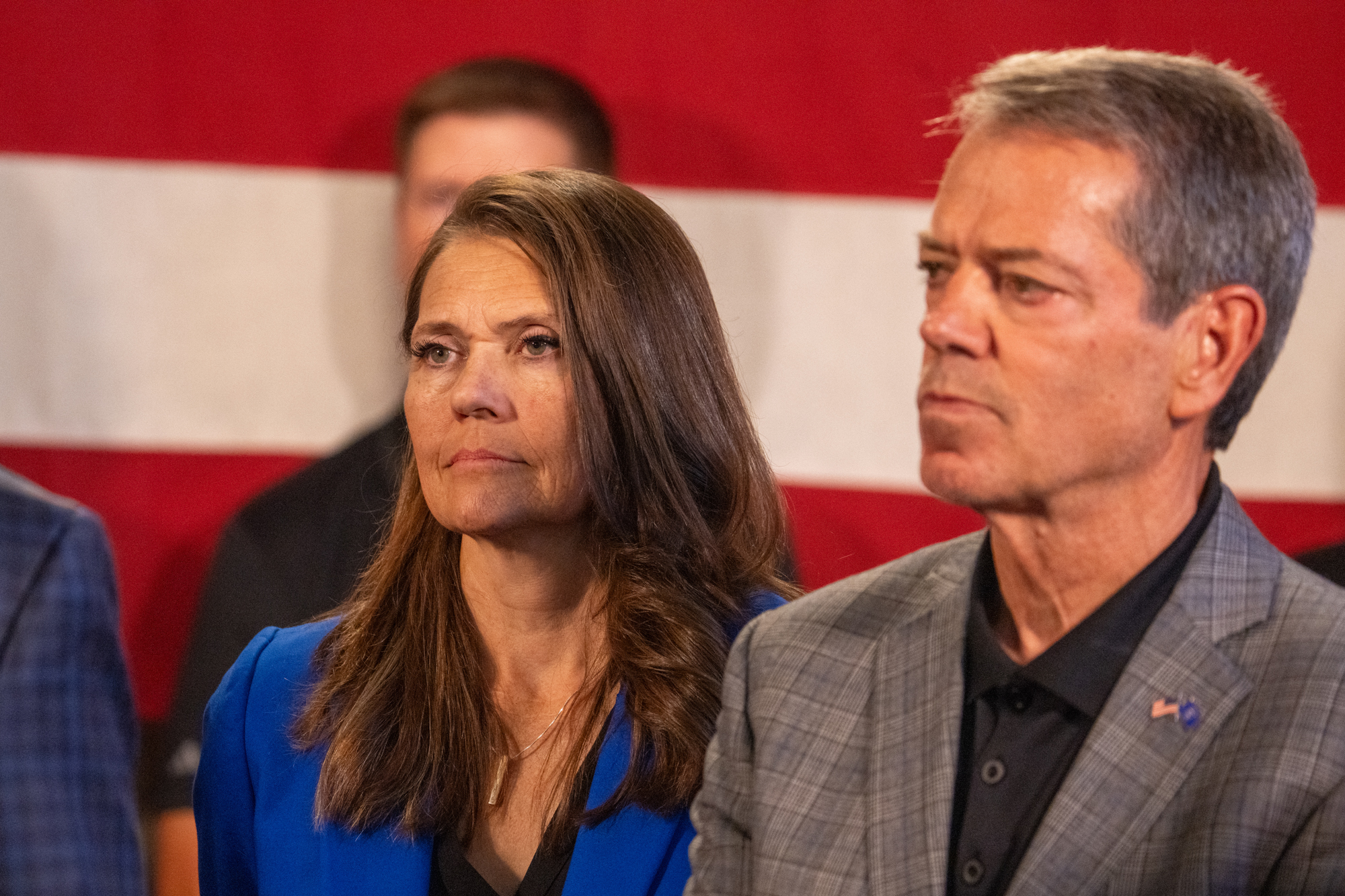State Sen. Kathleen Kauth of Omaha (left) joins Gov. Jim Pillen at a news conference on Aug. 5, 2024.<br />(Zach Wendling / Nebraska Examiner)