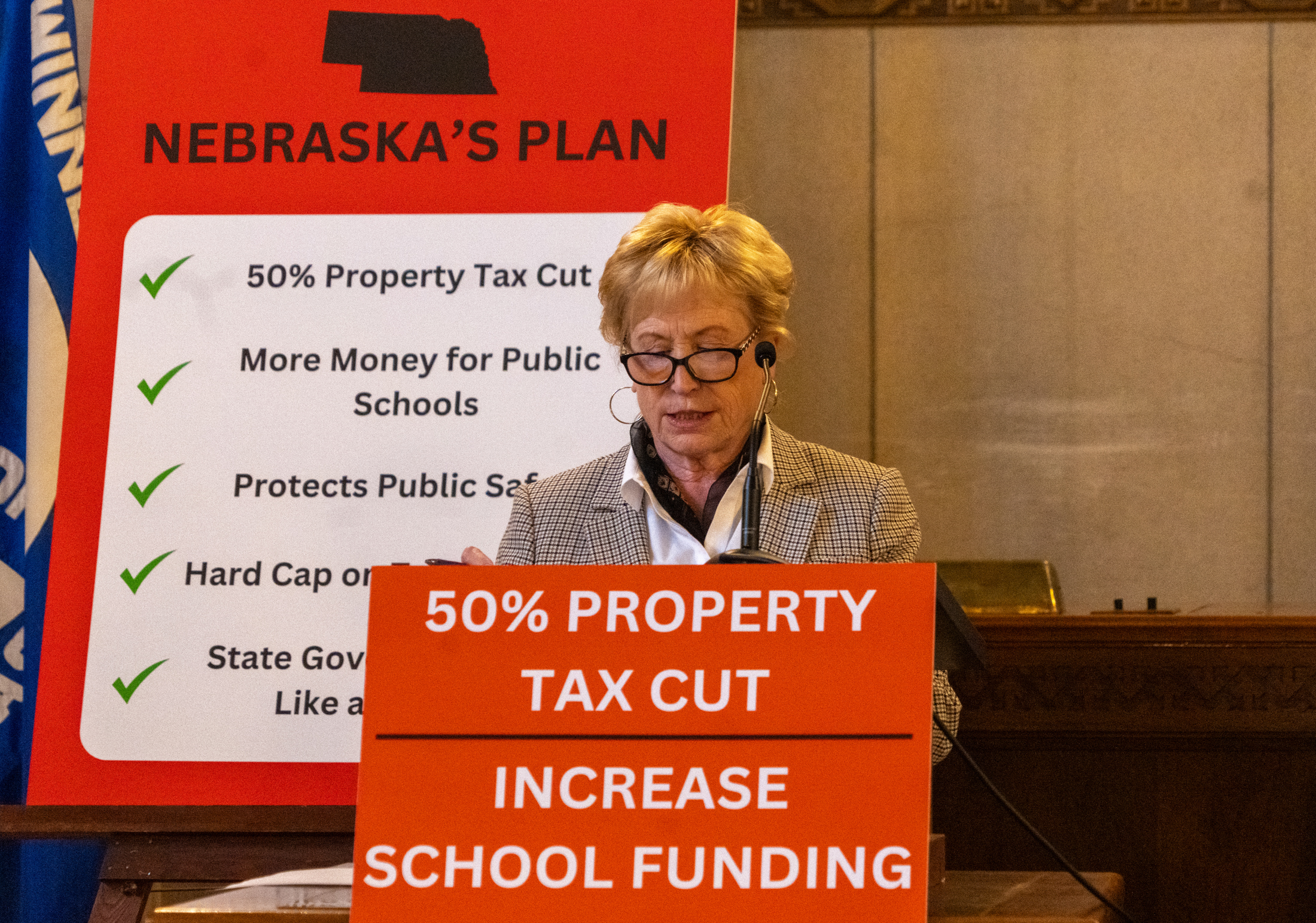 State Sen. Lou Ann Linehan of Elkhorn, Revenue Committee chair, explains a new property tax proposal she worked on with Gov. Jim Pillen this summer, July 18, 2024.<br />(Zach Wendling / Nebraska Examiner)