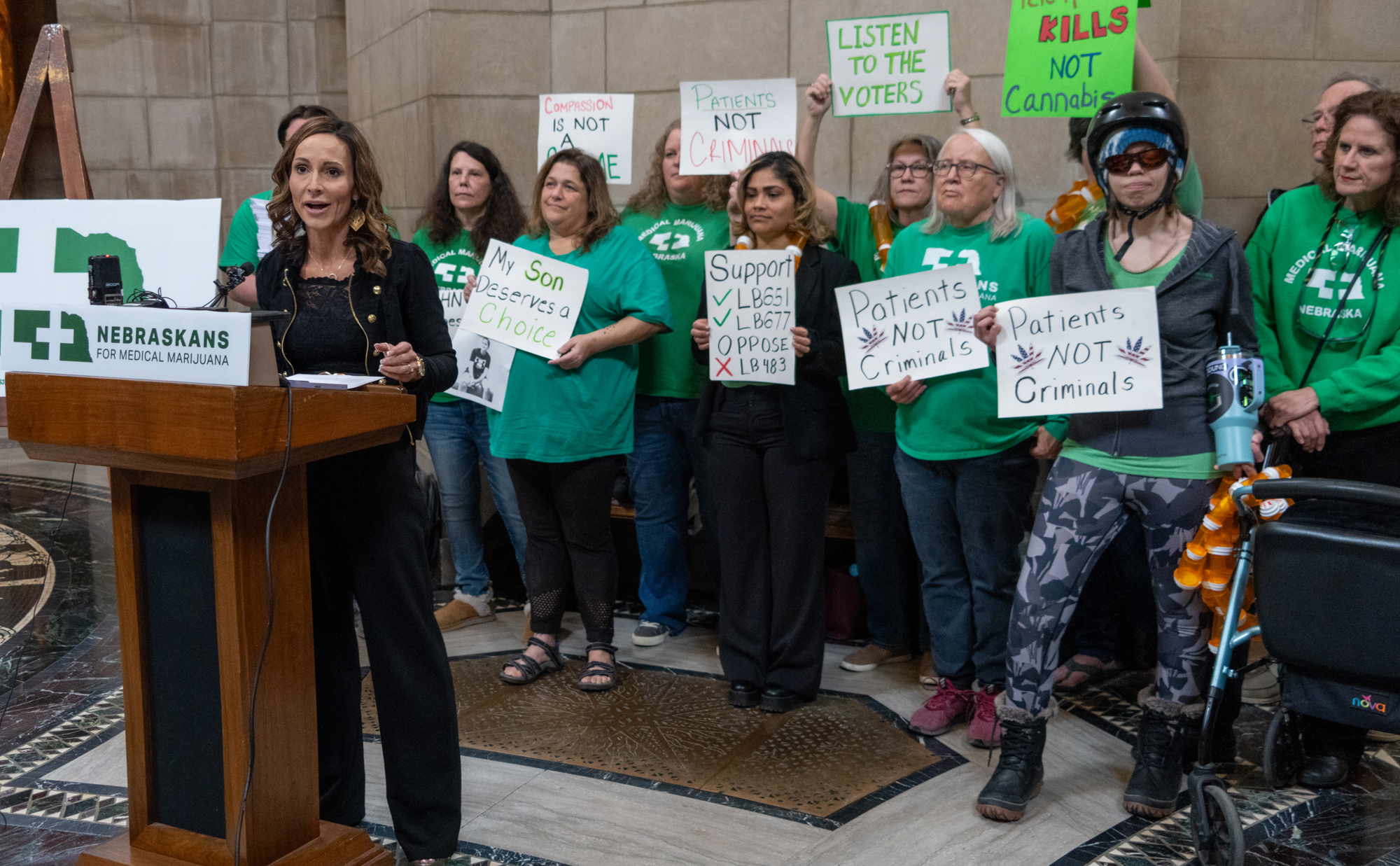 Crista Eggers of Nebraskans for Medical Marijuana leads a news conference urging legislative support for bills to help implement a safe, fully regulated medical cannabis system on March 3, 2025.<br />(Zach Wendling / Nebraska Examiner)