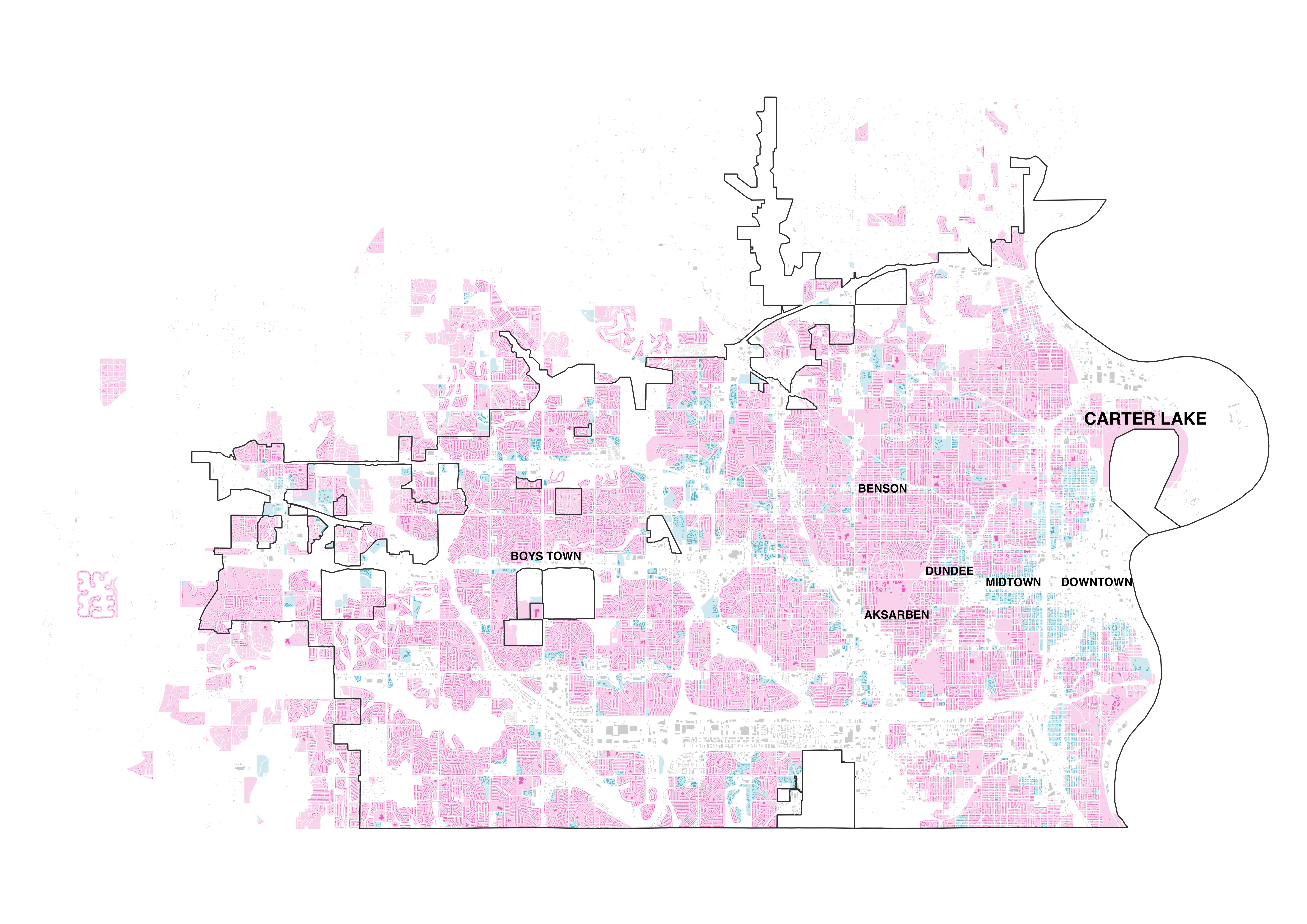 In this zoning map from 2019, pink represents single-family zoning, blue is multifamily zoning. The housing units here fall into what Omaha zones as Rn residential that varies from high density to low density, as well as what Omaha calls “urban family residential” which includes single-family housing, duplexes, and townhouses.