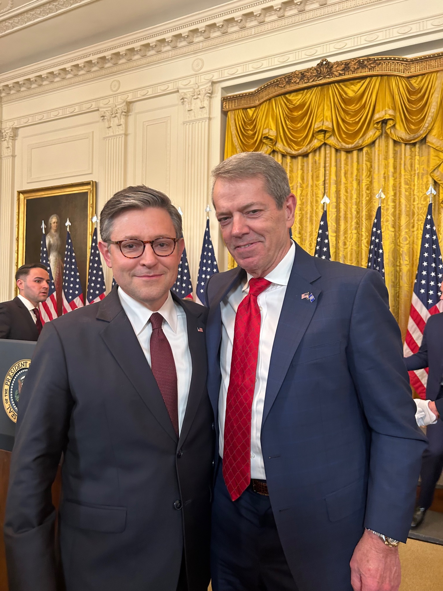 Gov. Jim Pillen (right) joins with U.S. House Speaker Mike Johnson at the White House for a presidential executive order signing ceremony on Feb. 5, 2025.<br />(Courtesy of Office of Gov. Jim Pillen)