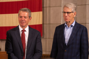Gov. Jim Pillen (left) and Lt. Gov. Joe Kelly, who concurrently serves as the state’s director of homeland security. May 26, 2023.<br />(Zach Wendling / Nebraska Examiner)
