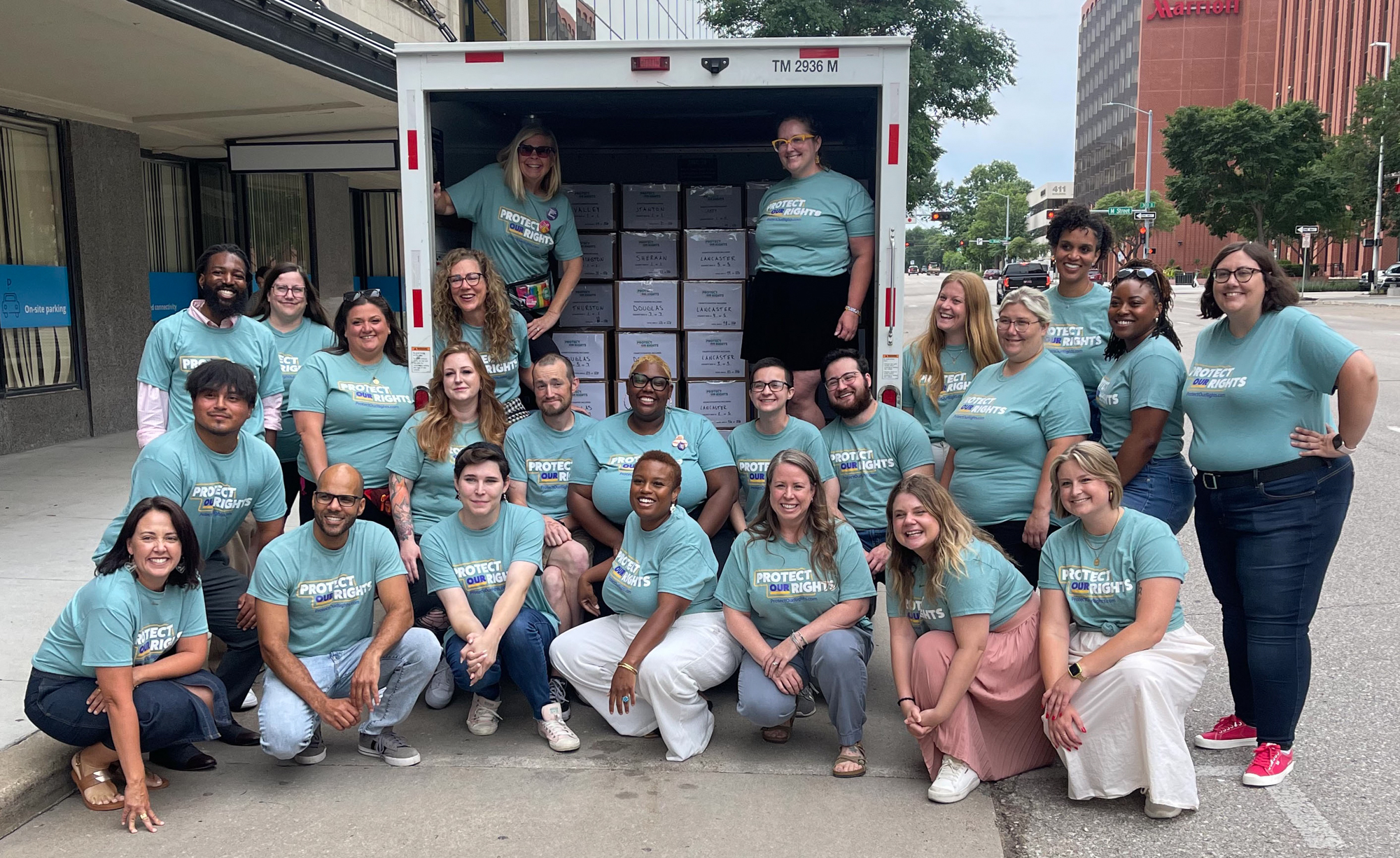 Supporters of the Protect Our Rights abortion-related petition effort, celebrate turn-in of more than 200,000 signatures seeking access to the November 2024 ballot, July 3, 2024.<br />(Courtesy of Protect Our Rights campaign)