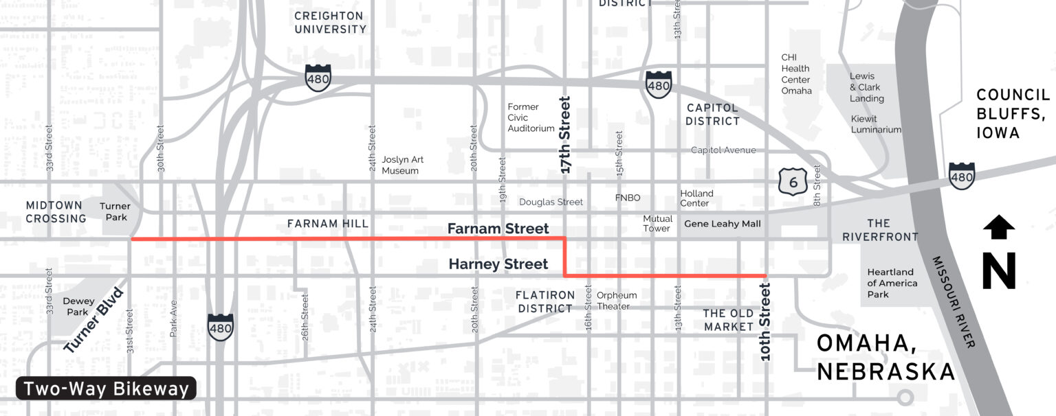 Planned route for the new Omaha protected bikeway.<br />(Courtesy of HDR)