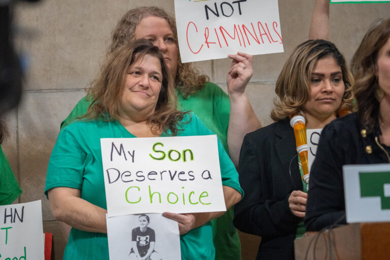 Marcie Reed of Blair advocates with other families on behalf of her son to receive safe, regulated medical cannabis after voter approval in November on March 3, 2025.<br />(Zach Wendling / Nebraska Examiner)