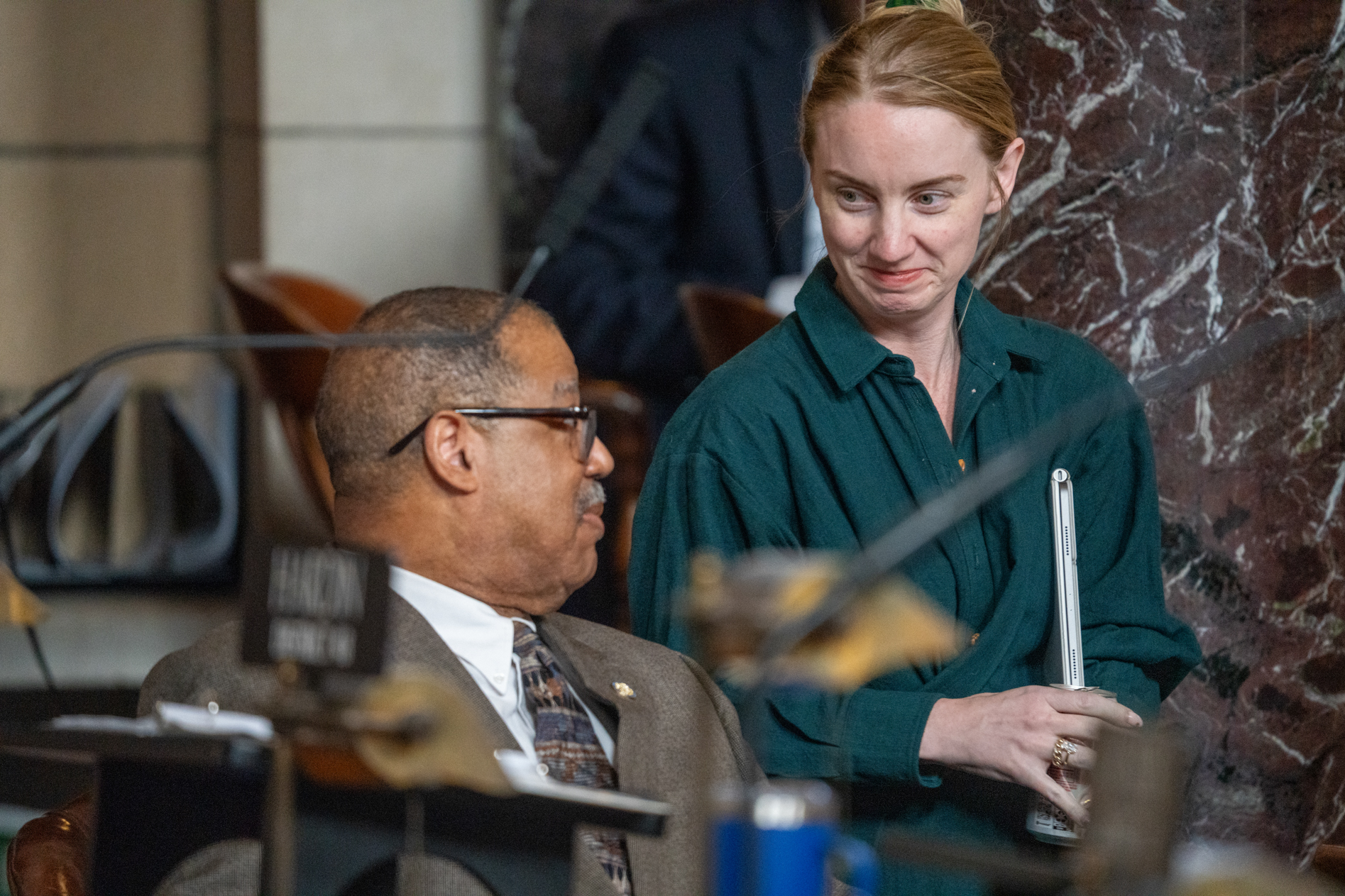 State Sens. Victor Rountree of Bellevue and Megan Hunt of Omaha, April 10, 2025.<br /> (Zach Wendling / Nebraska Examiner)