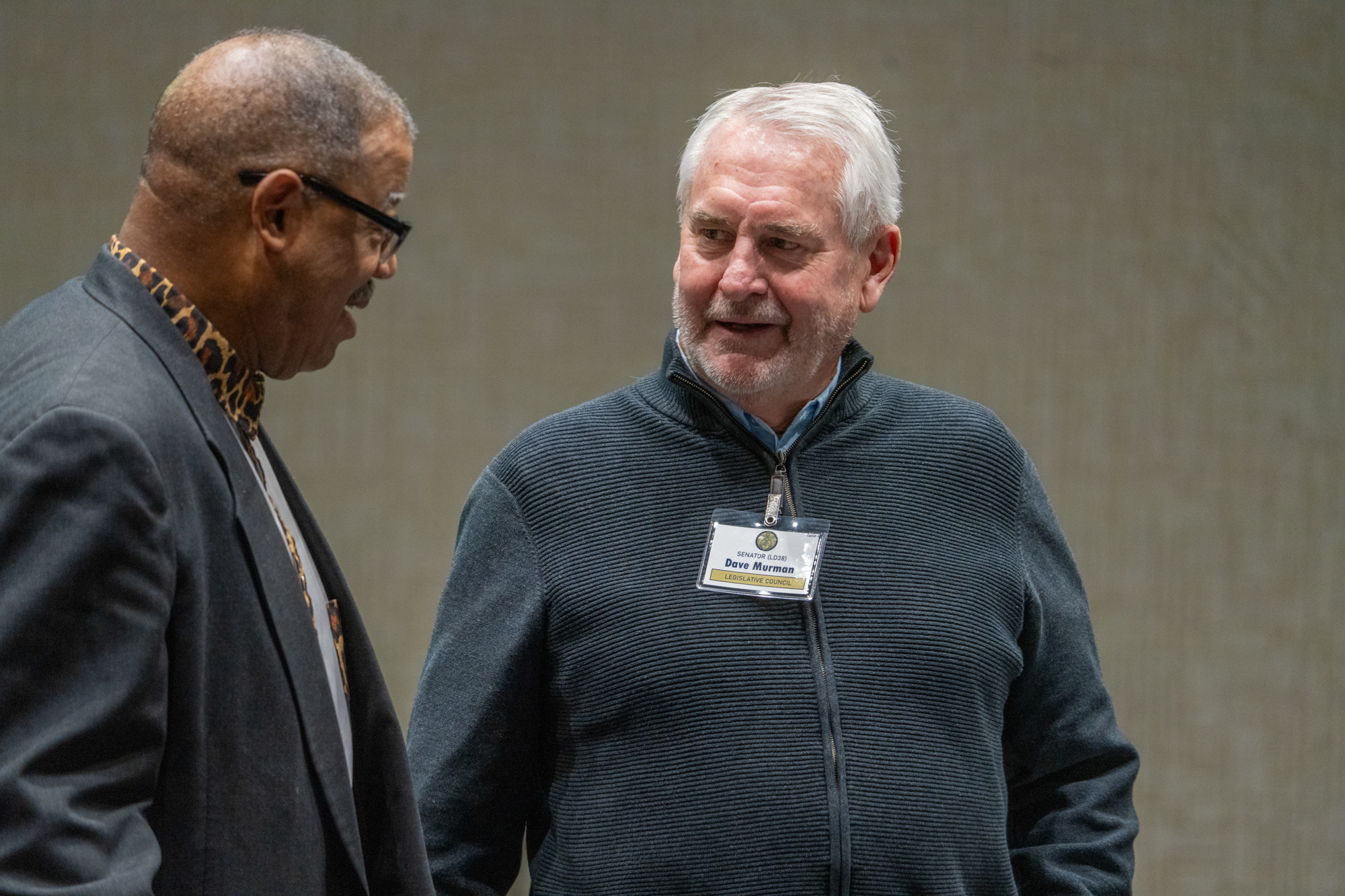 State Sen. Dave Murman of Glenvil (right) talks with State Sen.-elect Victor Rountree of Bellevue at a legislative retreat in Kearney on Friday, Dec. 13, 2024.<br />(Zach Wendling / Nebraska Examiner)