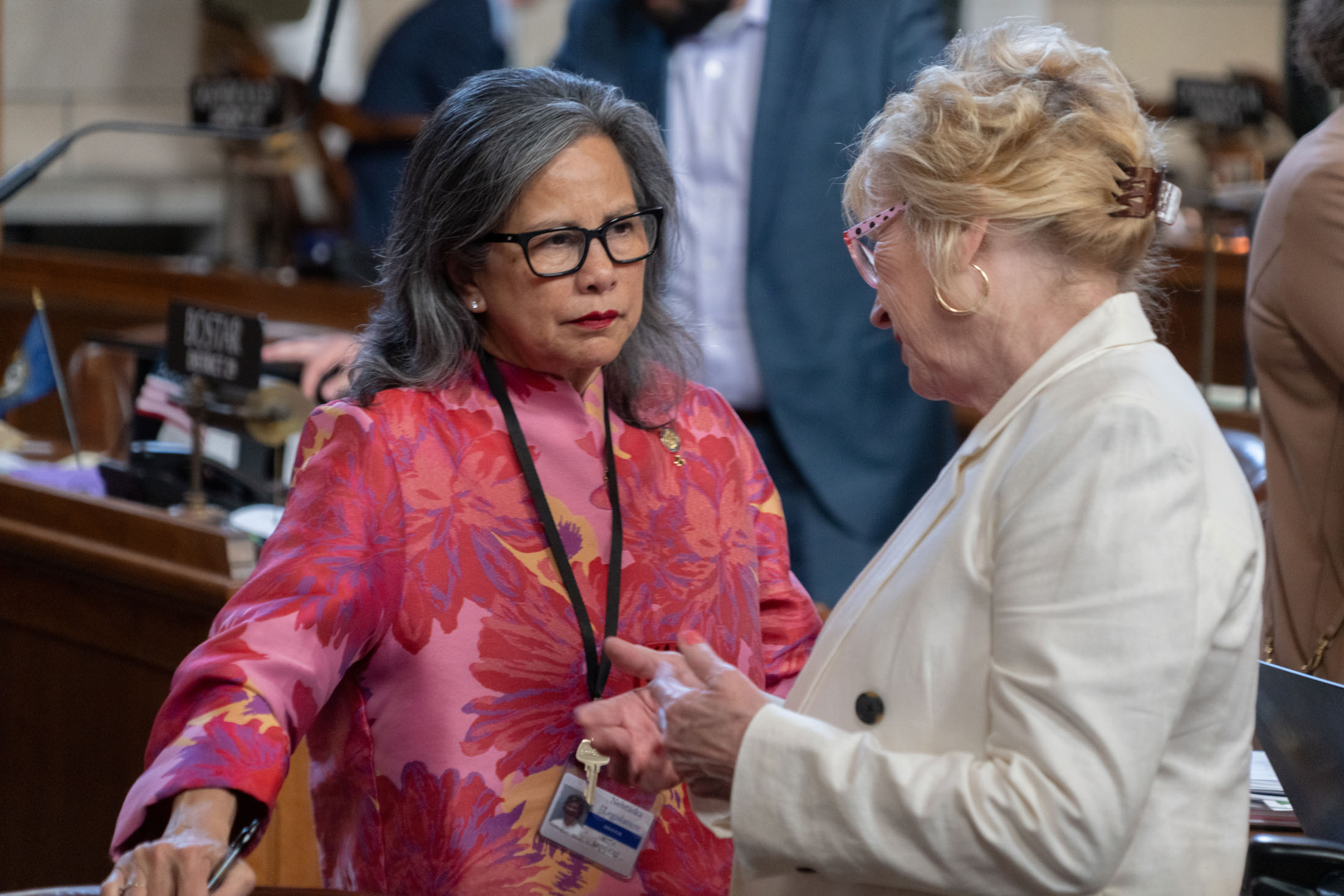 State Sen. Rita Sanders of Bellevue, left, listens to State Sen. Lou Ann Linehan of Elkhorn, April 10, 2024.<br />(Zach Wendling / Nebraska Examiner)
