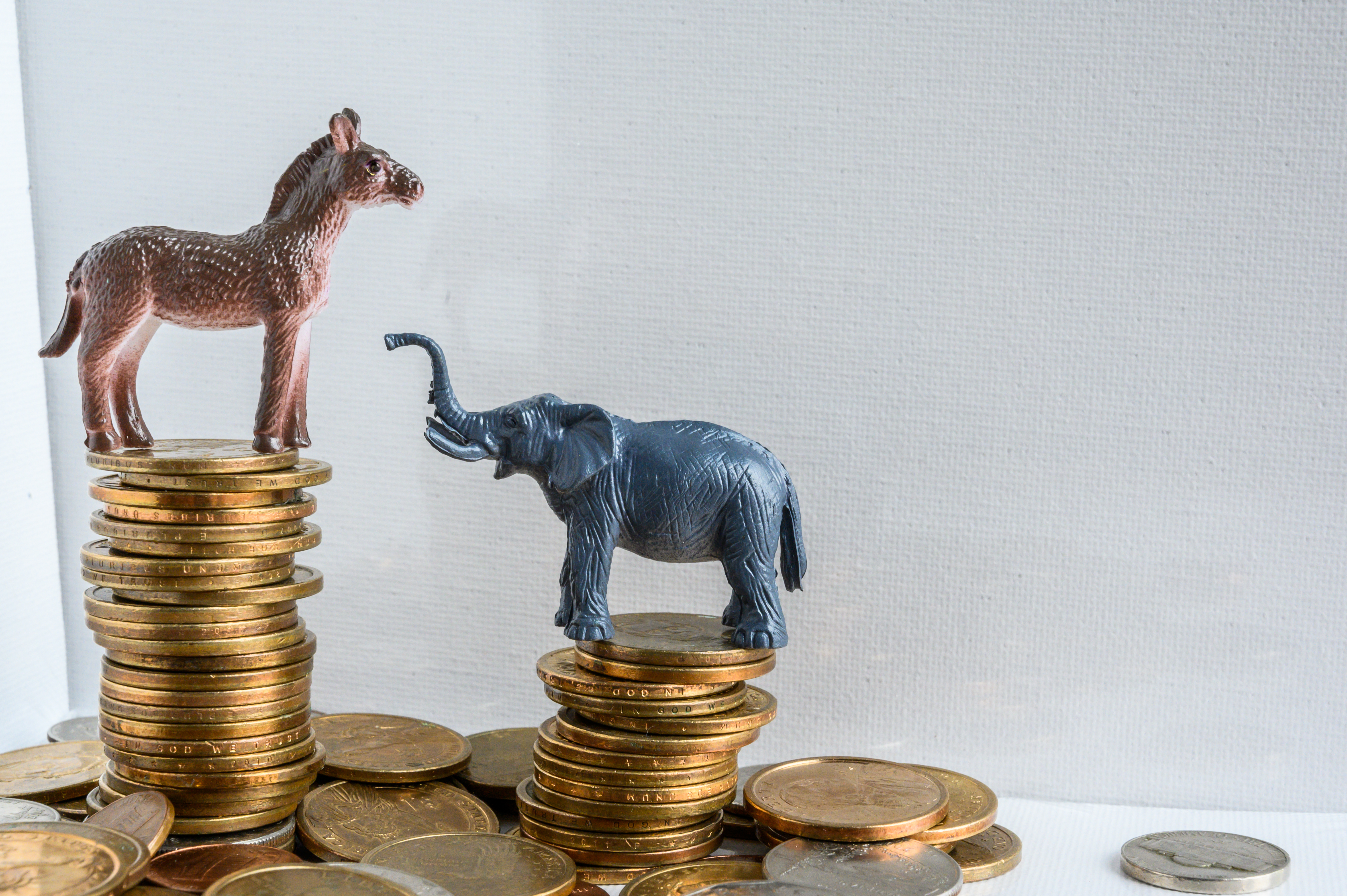 Donkey and elephant on top of stacked coins.<br />(Shutterstock)