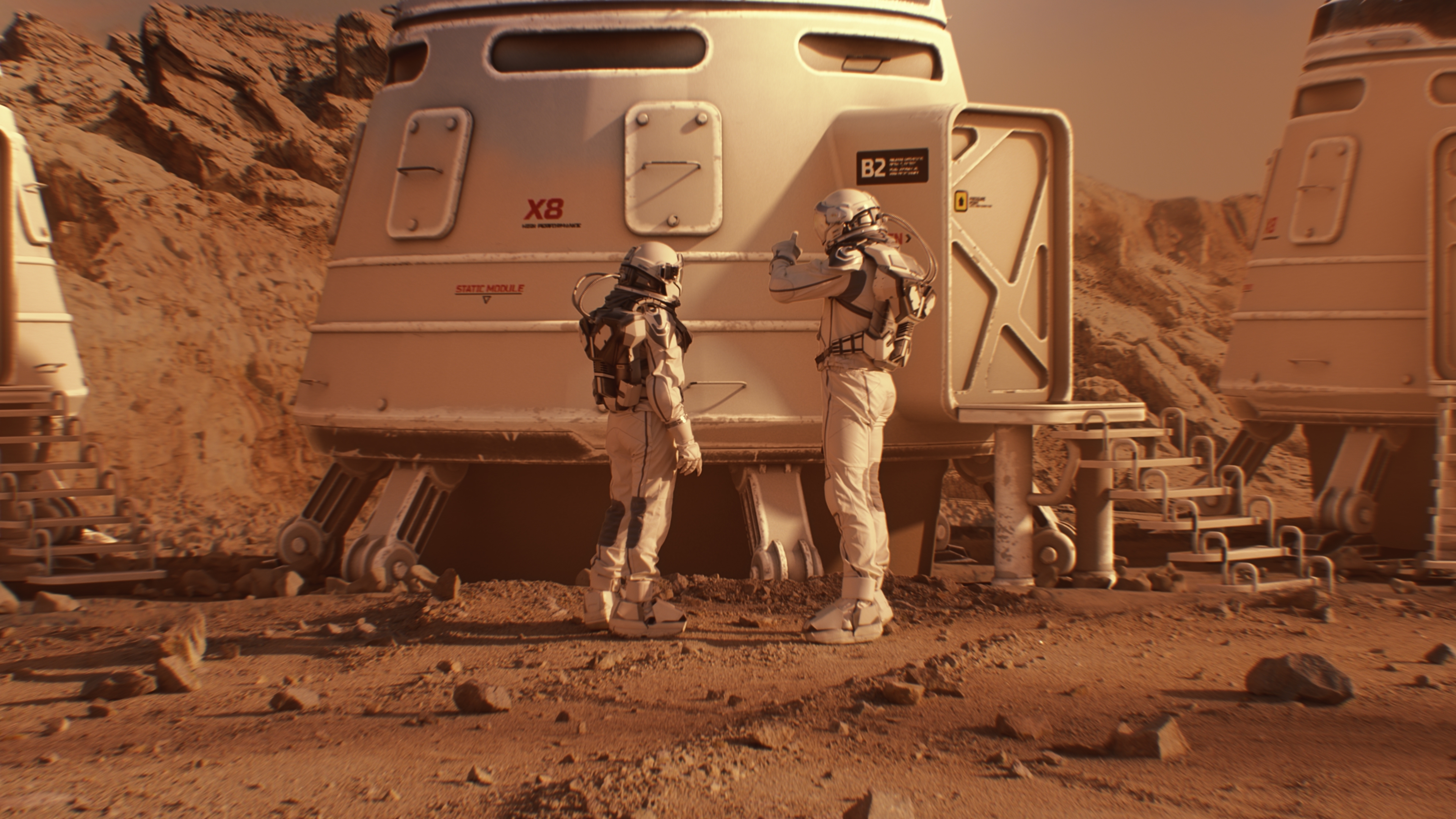In this depiction, two astronauts in spacesuits walk toward research station on Mars.<br />(Shutterstock)