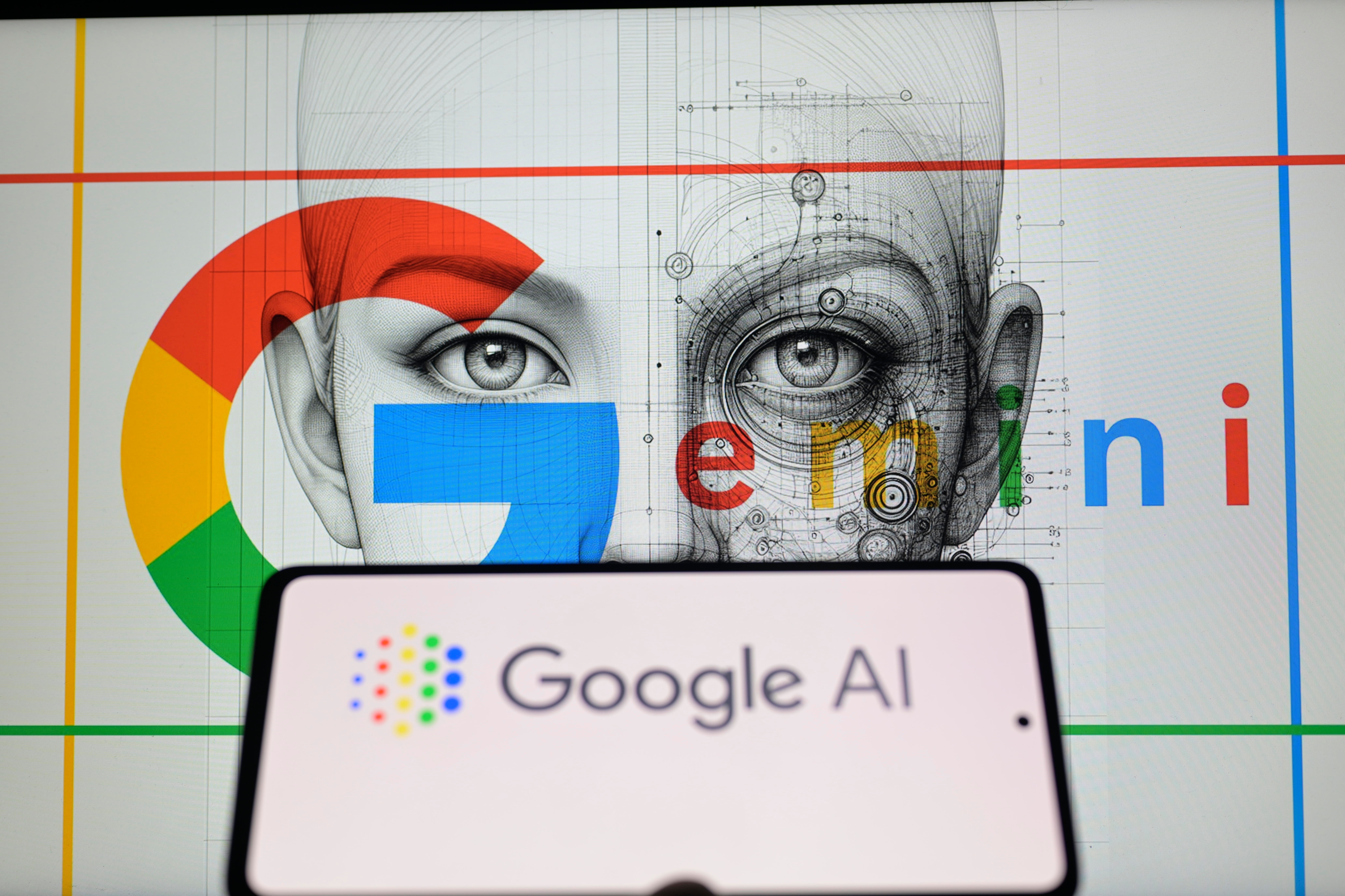 Google AI logo is being displayed on a smart phone with Gemini seen in the background.<br />(Shutterstock)