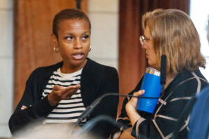 State Sens. Ashlei Spivey and Machaela Cavanaugh, both of Omaha, serve on the Legislature’s Appropriations Committee, May 28, 2025.<br />(Zach Wendling / Nebraska Examiner)
