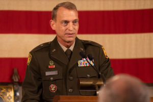 Brig. Gen. Craig Strong addresses his candidacy for adjutant general of the Nebraska National Guard on Friday, May 26, 2023, in Lincoln, Neb.<br />(Zach Wendling / Nebraska Examiner)