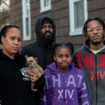 From left to right: Jasmine Stradford; her partner, Tiberious Moses; and two of their children, Taylor and De’Vante. The Broome County, New York, Department of Social Services cycled the family through four roadside hotels over three months. 
(Michelle Gabel / ProPublica)