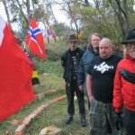 In this Oct. 30, 2013 photo, Craig Cobb (right) with supporters Mike Spence, of Goodrich, Albert Borgmann, of Minot, and Kynan Dutton, of Oregon, who arrived to help him create an all white community in Leith, N.D.
 (Lauren Donovan / The Bismarck Tribune via AP)
