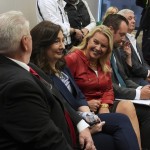 Clifford Frost, from left: Amy Facchinello, Meshawn Maddock, an unidentified attorney and Hank Choate appear during a district court hearing where a Michigan judge dismissed the criminal cases against 15 people accused of acting falsely as electors for President Donald Trump in the 2020 election Tuesday, Sept. 9, 2025 in Lansing, Mich.
 (Paul Sancya / AP Photo)
