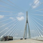 A semitrailer crosses the Gordie Howe International Bridge between Detroit, Mich. and Windsor, Ontario on its opening day, Monday, July 27 2026. 
(Jacob Hamilton / Ann Arbor News via AP)