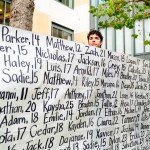 Dawson Kelly holds a banner with names of young people who advocates say died as a result of social media at a protest outside the Ronald V. Dellums Federal Building and U.S. Courthouse on Tuesday, Aug. 18, 2026, in Oakland, Calif.
(Noah Berger / AP Photo)
