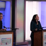 Republican nominee Brinker Harding (left) and Democratic nominee Denise Powell before the 2nd Congressional District debate in Lincoln on Oct. 14, 2026. 
(Juan Salinas II / Nebraska Examiner)