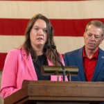 Nebraska Tourism Commission Director Jenn Gjerde (left) with Nebraska Gov. Jim Pillen.
(Zach Wendling / Nebraska Examiner)
