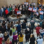 Supporters gather at the Nebraska State Capitol for a rally urging state lawmakers to extend current income eligibility for child care subsidies, Jan. 8, 2026. 
(Zach Wendling / Nebraska Examiner)