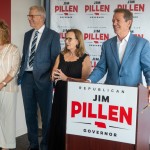 Nebraska Gov. Jim Pillen (right) hosts a general election kickoff event where he confirmed he is sticking with his running mate, Lt. Gov. Joe Kelly, for another four years on Aug. 25, 2026, in Lincoln. To Pillen’s right are first lady Suzanne Pillen, Kelly and Kelly’s wife Susie.
(Zach Wendling / Nebraska Examiner)