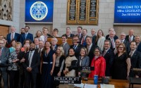 Lawmakers gather on the last day of the 2024 legislative session, though many expect to return for a special session later this year. Not pictured: State Sens. Joni Albrecht, Ben Hansen, John Lowe and Tony Vargas. April 18, 2024. 
(Zach Wendling / Nebraska Examiner)