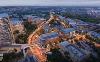 A rendering shows future view from the northeast corner of Saddle Creek Road and Farnam Street looking south / southwest into the EDGE District. The overpass would connect the main campus to the new EDGE District. 
(Courtesy of Holland Basham Architects)