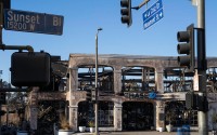 The JPMorgan Chase bank building in the center of the Pacific Palisades, California, business district was destroyed. 
(Sarahbeth Maney / ProPublica)