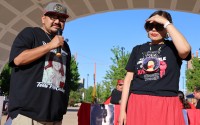 Nate McCauley talks about the arrest of a man accused of murdering his mother. The man was arrested more than 40 years after the Winnebago tribal citizen’s death. Next to him is Lestina Saul-Merdassi. 
(Tim Trudell / The Daily Record)