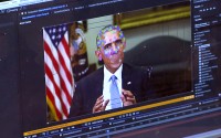 This image made from a fake video featuring former President Barack Obama shows elements of facial mapping used in new technology that lets anyone make videos of real people appearing to say things they've never said. There is rising concern that U.S. adversaries will use new technology to make authentic-looking videos to influence political campaigns or jeopardize national security. 
(AP Photo)