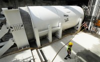A tunnel boring machine sits at the bottom of a construction site during a media tour at the Las Vegas Convention Center, Friday, Nov. 15, 2019, in Las Vegas.  
(John Locher / AP Photo)