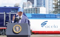 Former President Joe Biden delivers remarks at an Amtrak 50th anniversary event in Philadelphia in 2021. 
(Patrick Semansky / AP Photo)