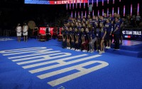 The USA Olympic swim team poses for a picture after the U.S. Olympic Swim Trials on Sunday, June 20, 2021, in Omaha, Neb. The next U.S. Olympic swimming team will be determined in a football stadium. USA Swimming announced Tuesday, March 29, 2022 that its trials for the 2024 Paris Games will be held at Lucas Oil Stadium, the massive home of the NFL’s Indianapolis Colts. (Jeff Roberson / AP Photo)