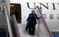 U.S. Treasury Secretary Janet Yellen arrives on a plane at Guangzhou Baiyun Airport in southern China's Guangdong province, Thursday, April 4, 2024. Treasury Secretary Janet Yellen is heading to a China that is determined to avoid open conflict with the United States. 
(Andy Wong / AP Photo)