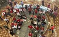 Opponents of Summit Carbon Solutions' proposed carbon dioxide pipeline gather at the state Capitol in Des Moines, Iowa, on Feb. 8, 2024. The Iowa Utilities Board on Tuesday, June 25, 2024, approved Summit's application to build its pipeline.
(Hannah Fingerhut / AP Photo)