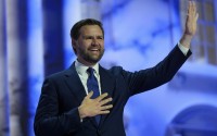 Vice Presidential Nominee Sen. JD Vance waves during the Republican National Convention Wednesday, July 17, 2024, in Milwaukee. 
(Julia Nikhinson / AP Photo)
