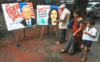 Indian art teacher Prithvi Raj Kambli, makes paintings of U.S. President Joe Biden and Vice President Kamala Harris, in Mumbai, India, Monday, July 22, 2024. 
(Rafiq Maqbool / AP Photo)