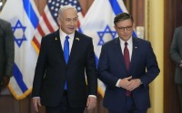 Israeli Prime Minister Benjamin Netanyahu is welcomed by Speaker of the House Mike Johnson, R-La., to the Capitol in Washington, Wednesday, July 24, 2024. Netanyahu wants to boost U.S. support during his speech to Congress but faces protests and lawmaker boycotts. 
(J. Scott Applewhite / AP Photo)