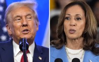This combination photo shows (left) Republican presidential nominee, former President Donald Trump at an event, Aug. 15, 2024, in Bedminster, N.J. and (right) Democratic presidential nominee, Vice President Kamala Harris at a campaign event in Raleigh, N.C., Aug. 16, 2024. 
(AP Photo)