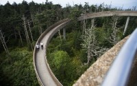 Members of the media walk down from Clingman's Dome tower while waiting for a total solar eclipse to begin in Great Smoky Mountains National Park at Clingman's Dome, Aug. 21, 2017. 
(Caitie McMekin / Knoxville News Sentinel via AP)