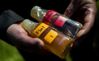 Virginia Tech professor Marc Edwards shows the difference in water quality between Detroit and Flint after testing, giving evidence after more than 270 samples were sent in from Flint that show high levels of lead during a news conference on Sept. 15, 2015, in downtown Flint, Mich. 
(Jake May / The Flint Journal via AP)