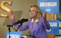 First lady Jill Biden speaks during a campaign event, Monday, Oct. 14, 2024, in Clawson, Mich. 
(Carlos Osorio / AP Photo)