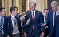 Senate Minority Whip John Thune, R-S.D., walks with reporters on the way to being elected to succeed longtime GOP leader Mitch McConnell of Kentucky, at the Capitol in Washington, Wednesday, Nov. 13, 2024.
(AP Photo)